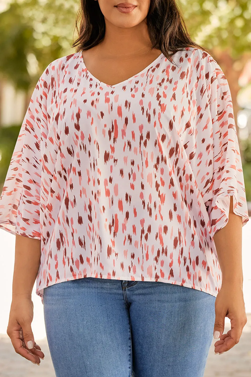 Printed 3/4 Dolman Sleeve Plus Size Blouse
