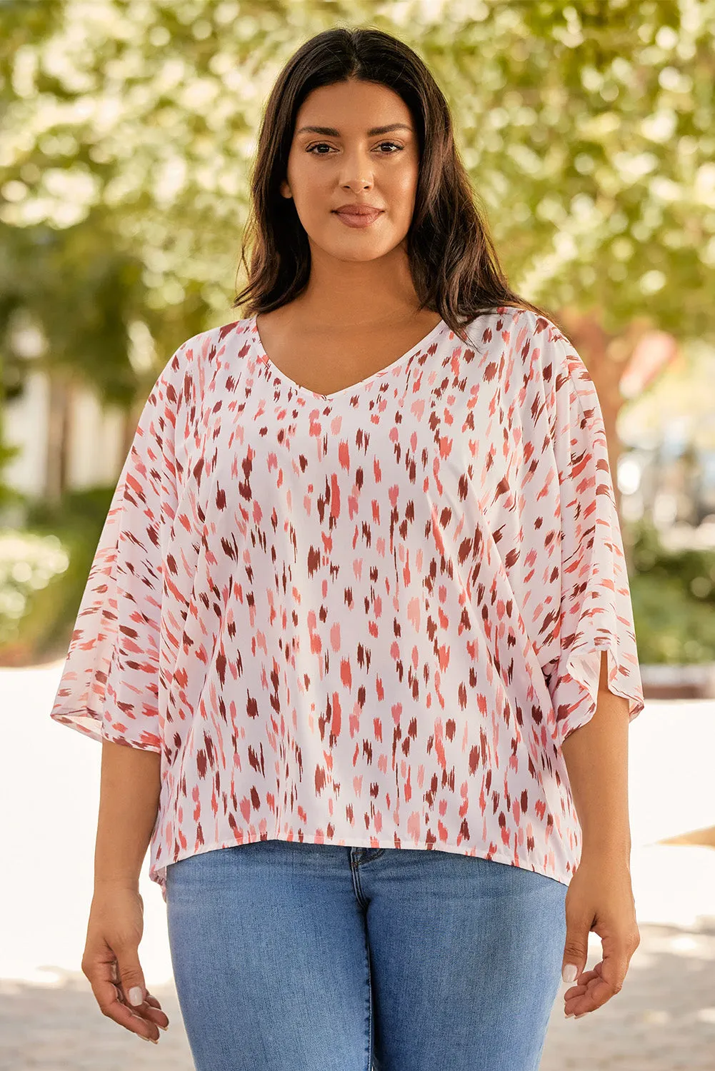 Printed 3/4 Dolman Sleeve Plus Size Blouse