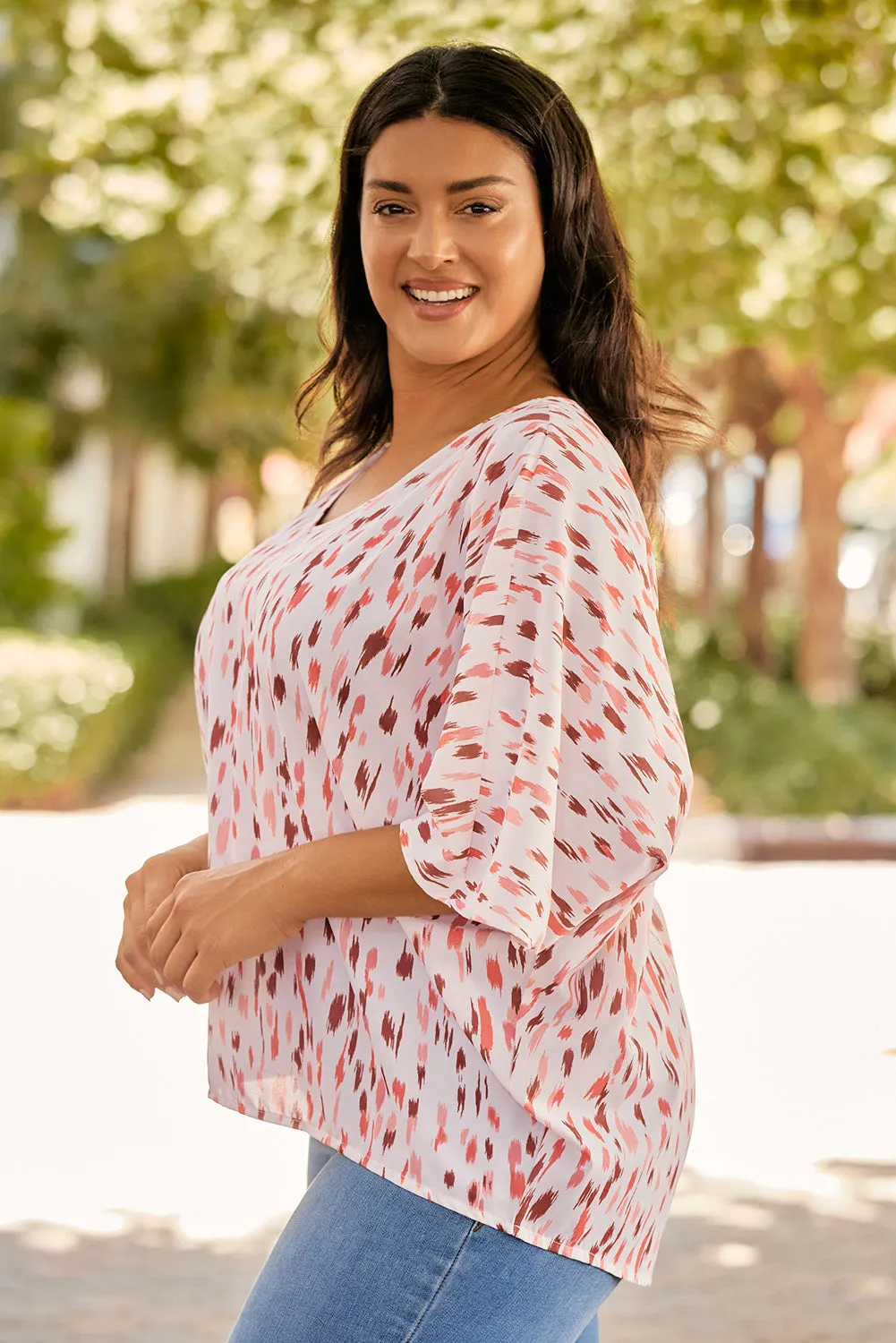 Printed 3/4 Dolman Sleeve Plus Size Blouse