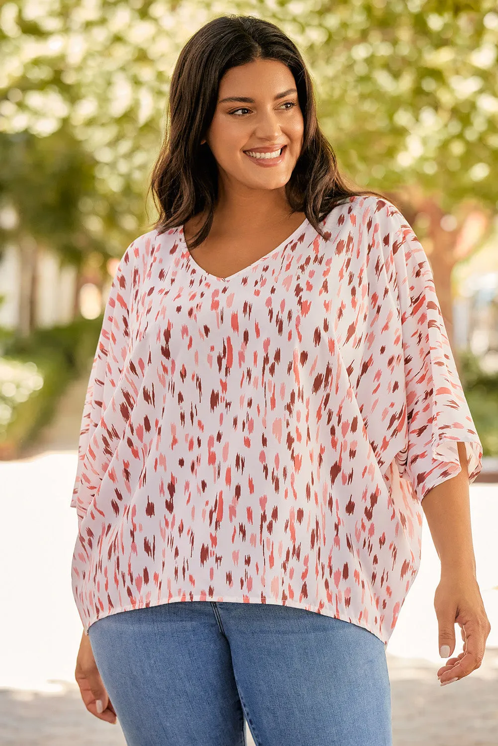Printed 3/4 Dolman Sleeve Plus Size Blouse