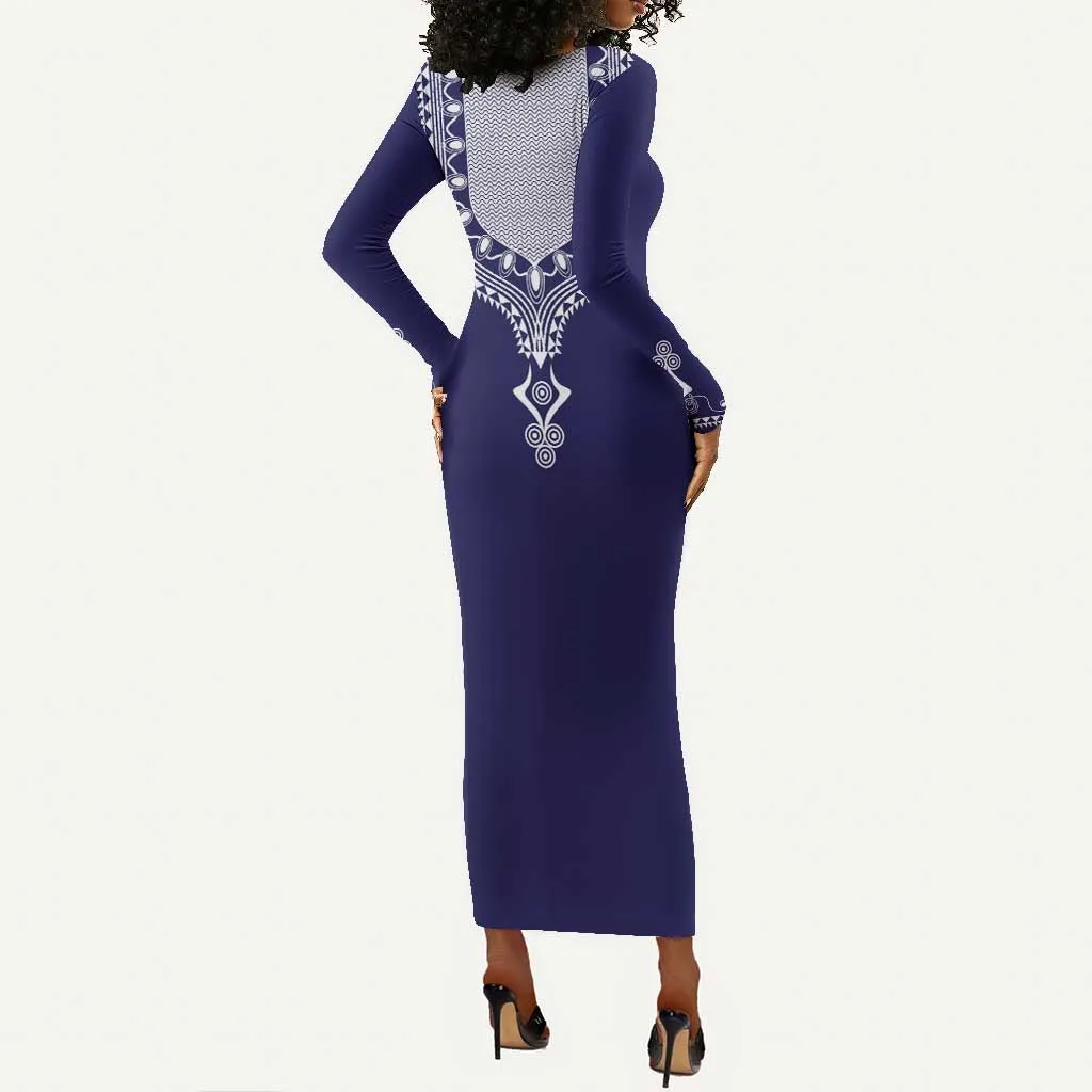 Printed Dashiki African Long Sleeve Bodycon Dress Blue DT02