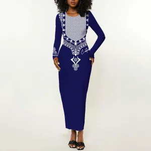 Printed Dashiki African Long Sleeve Bodycon Dress Blue DT02