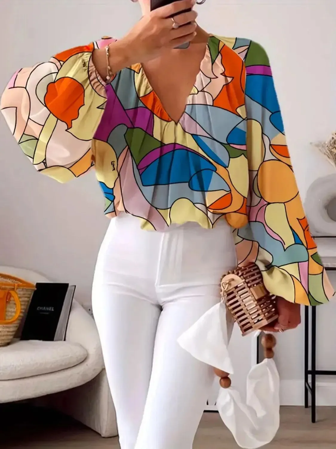 Printed V-Neck Long Sleeve Blouse