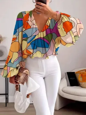 Printed V-Neck Long Sleeve Blouse