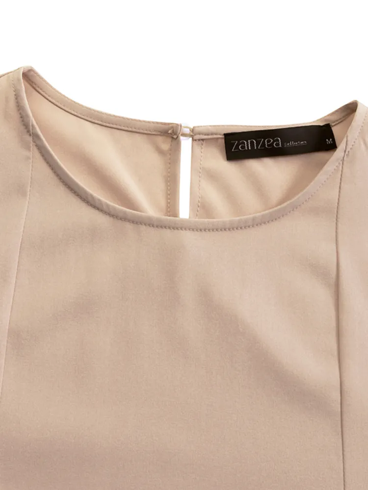 Pure Color Irregular Hem Flared Sleeve O-neck Casual Women Midi Dress