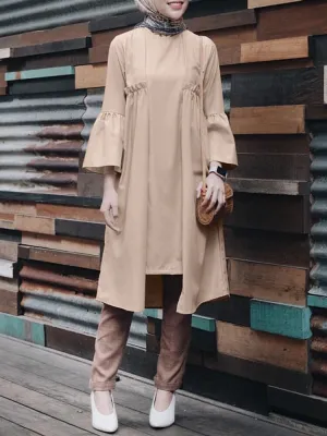 Pure Color Irregular Hem Flared Sleeve O-neck Casual Women Midi Dress