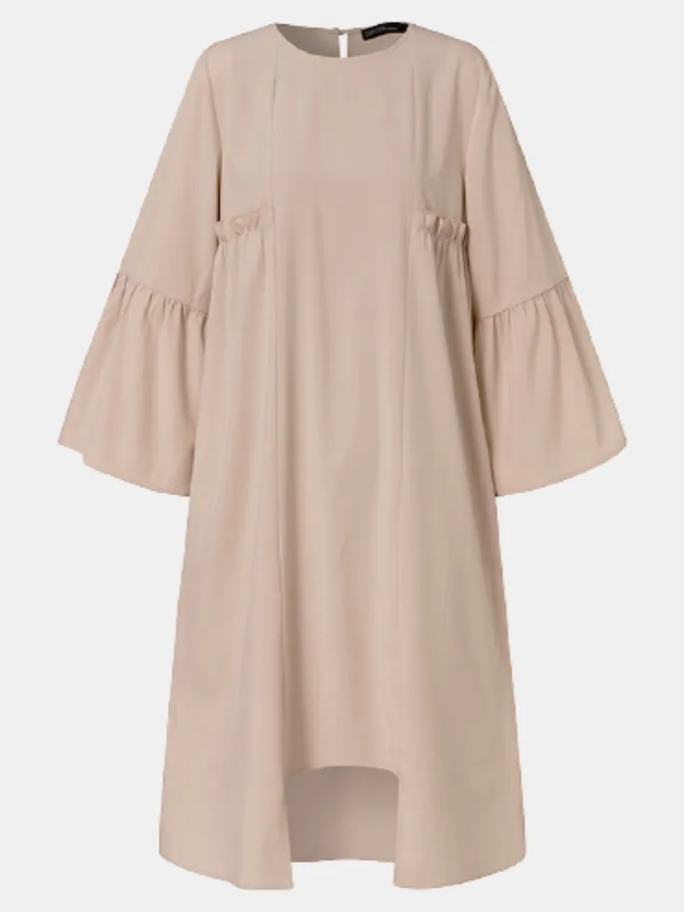 Pure Color Irregular Hem Flared Sleeve O-neck Casual Women Midi Dress