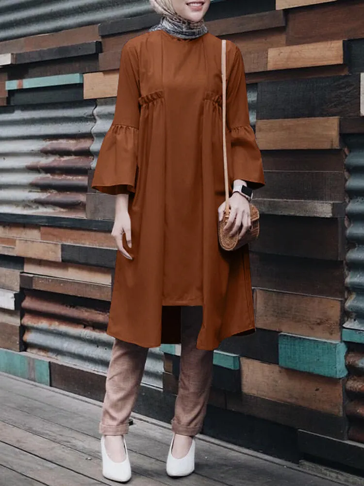 Pure Color Irregular Hem Flared Sleeve O-neck Casual Women Midi Dress