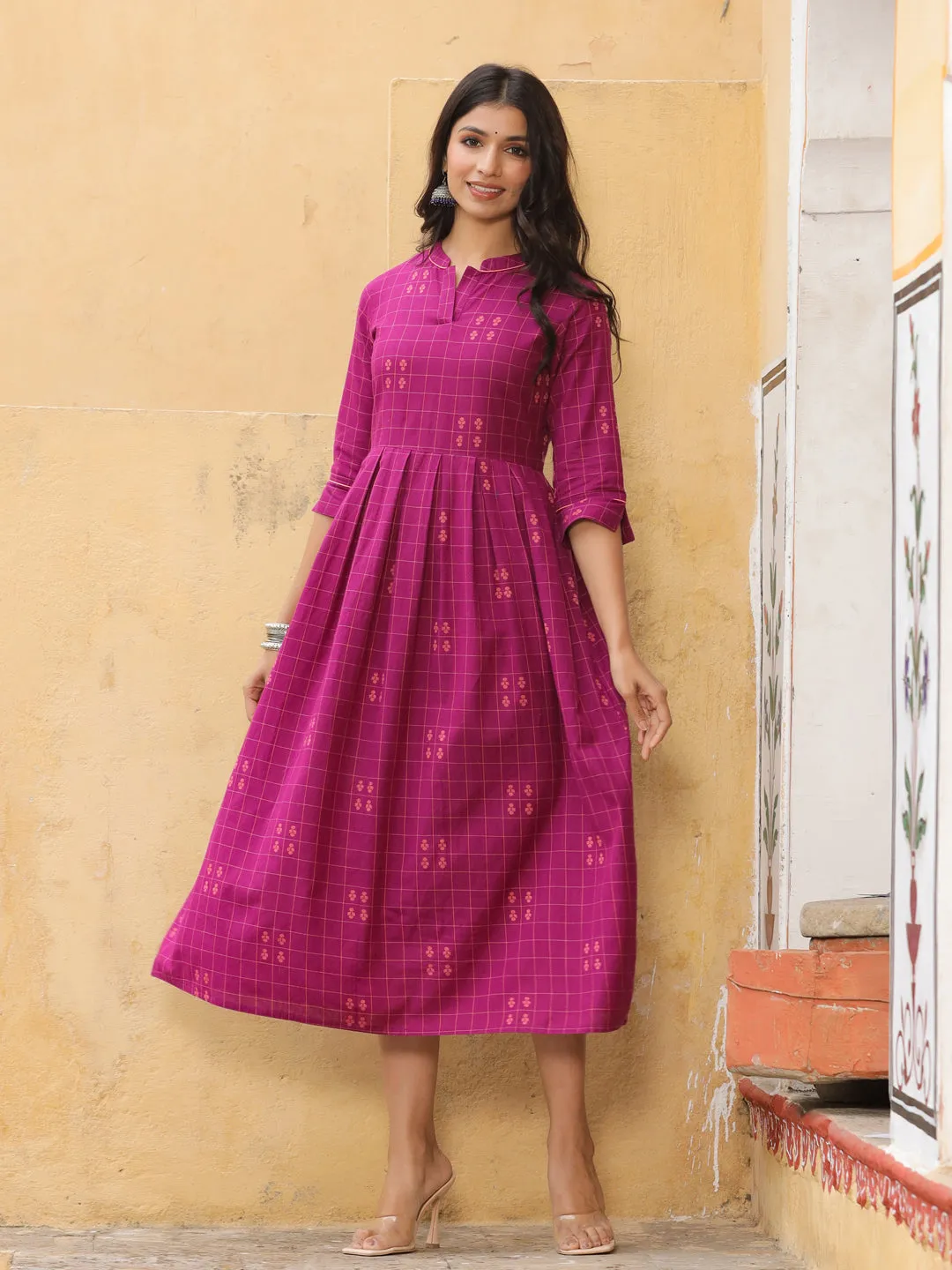 Purple Checks Cotton Flared Dress