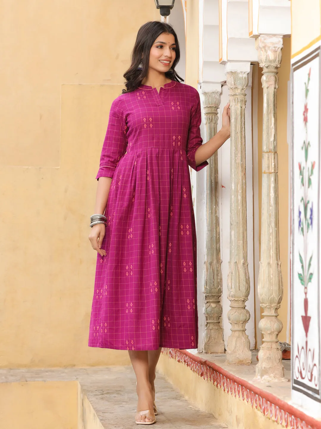 Purple Checks Cotton Flared Dress