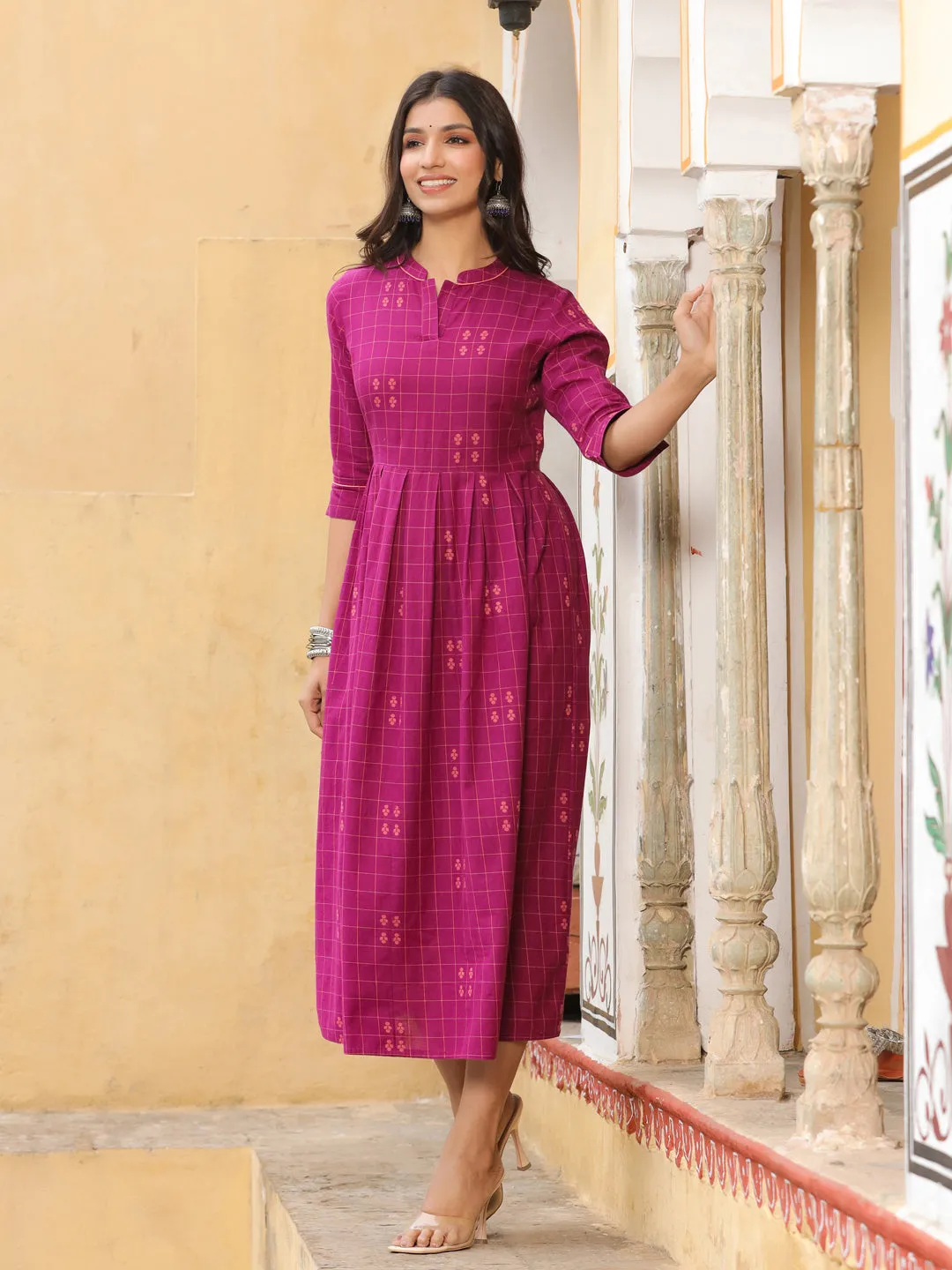 Purple Checks Cotton Flared Dress
