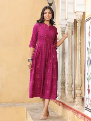 Purple Checks Cotton Flared Dress