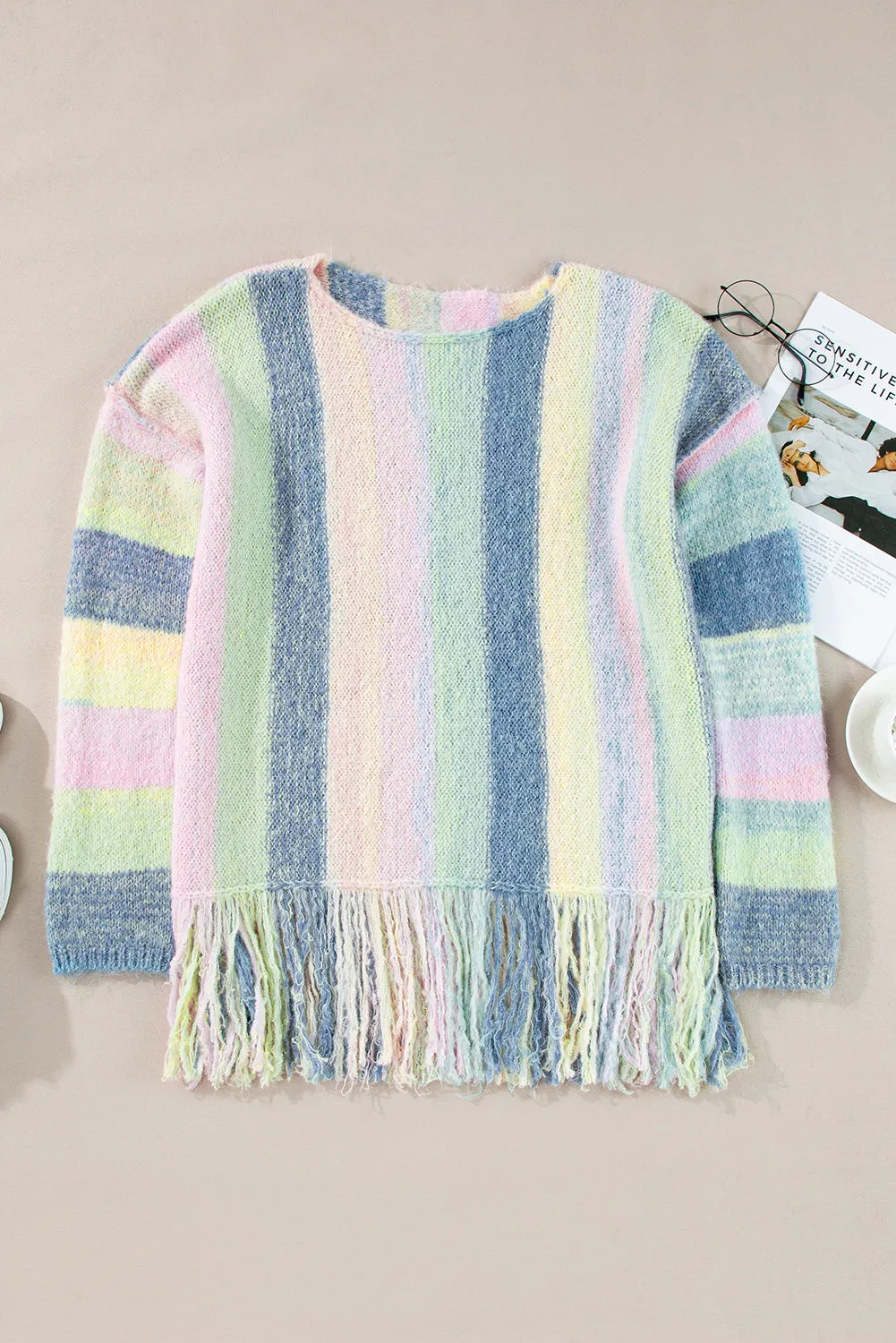 Purple Color Block Fringed Drop Shoulder Tunic Sweater