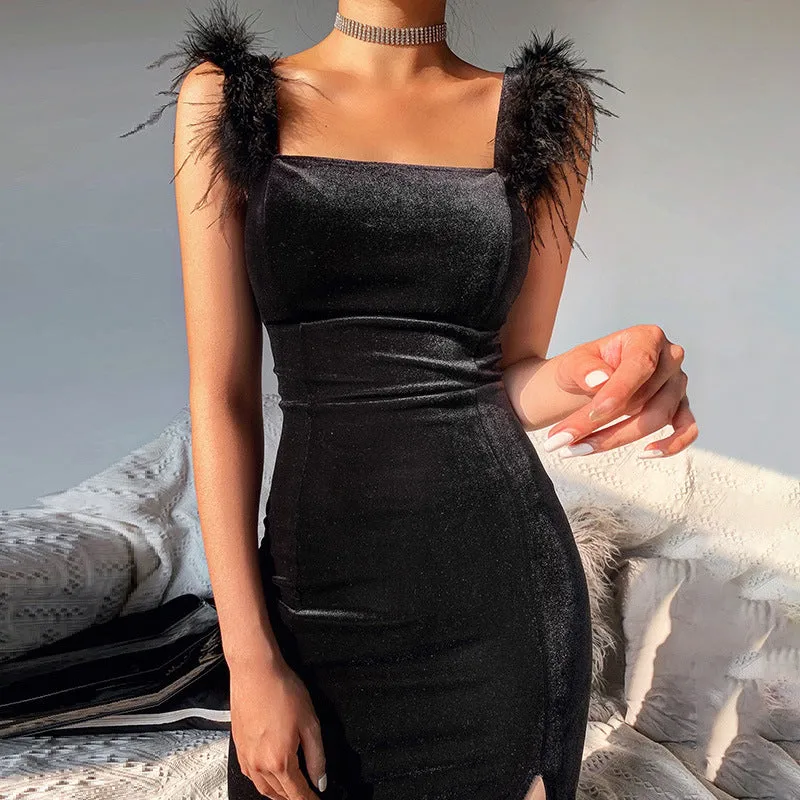 "BLACK SPLIT FUR SHOULDER" DRESS N111003