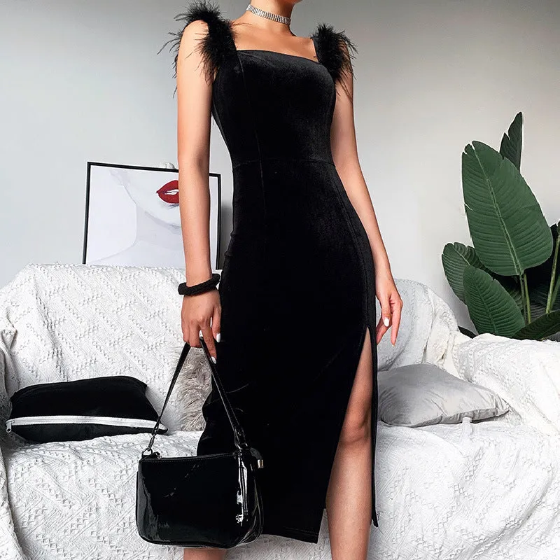 "BLACK SPLIT FUR SHOULDER" DRESS N111003