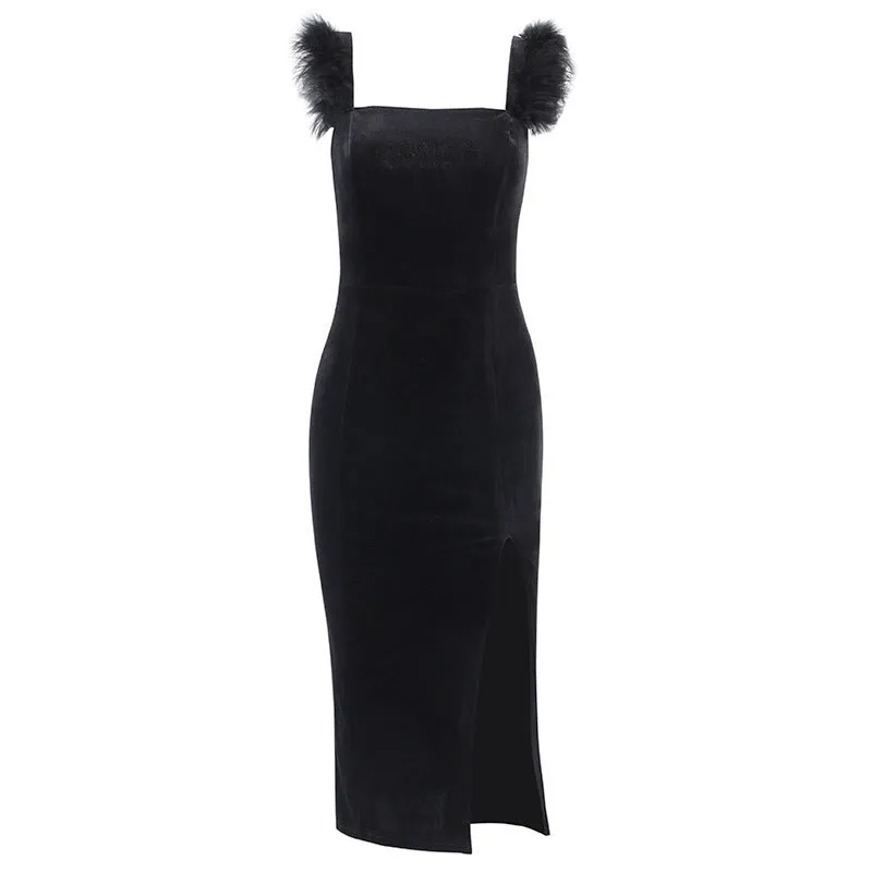 "BLACK SPLIT FUR SHOULDER" DRESS N111003