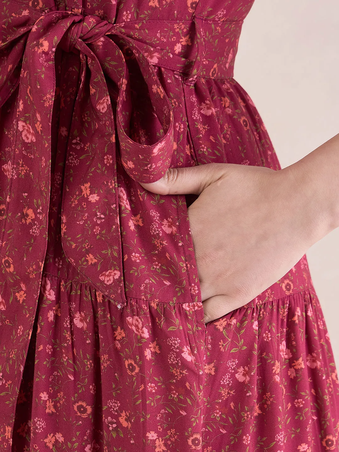 Red Ditsy Floral Tiered Midi Dress