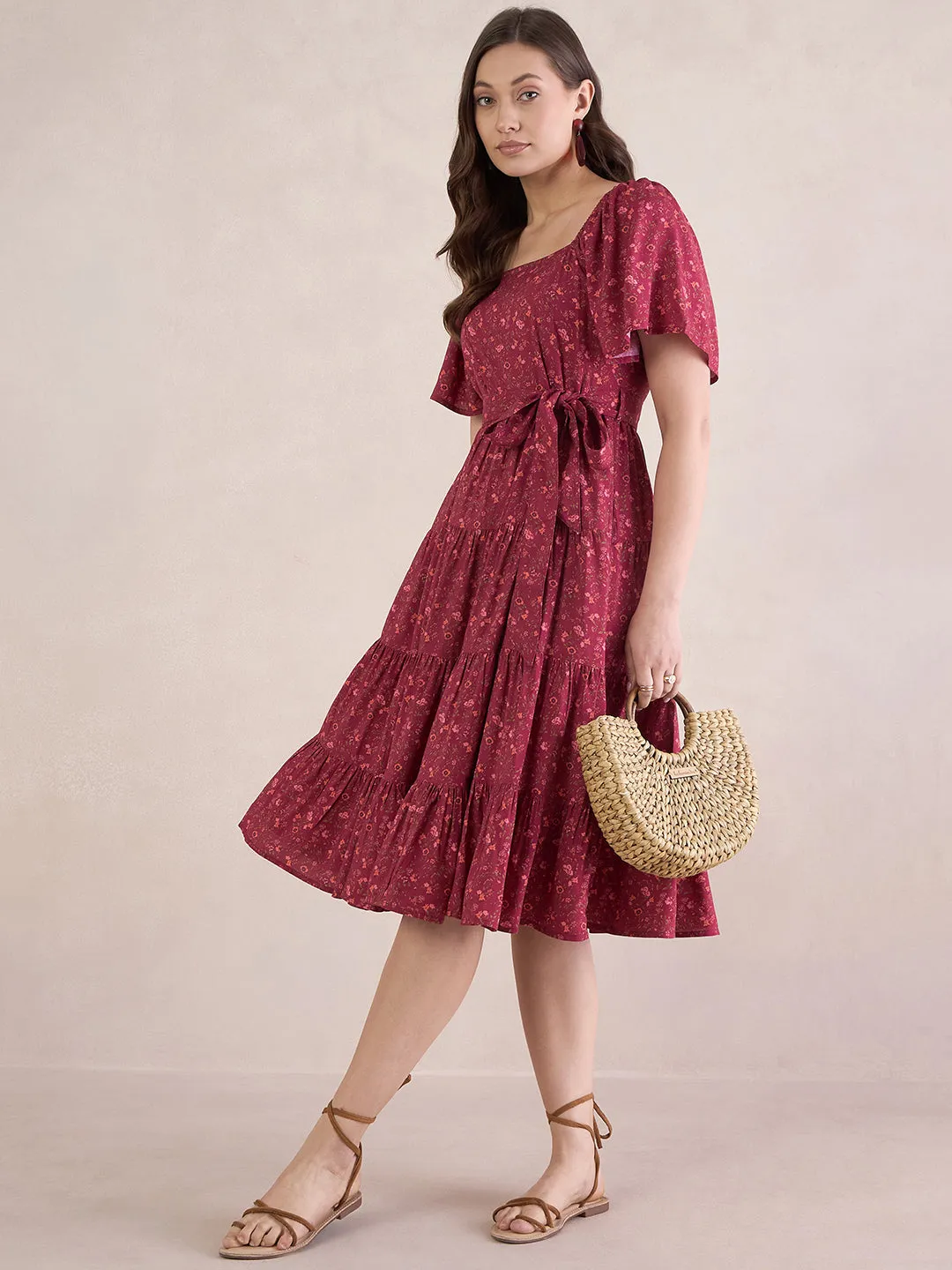 Red Ditsy Floral Tiered Midi Dress