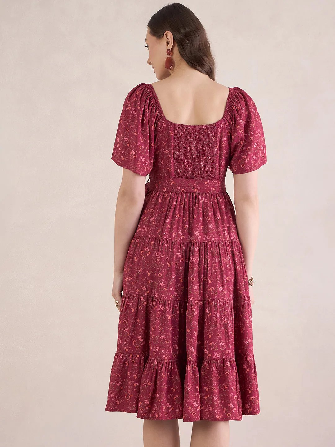 Red Ditsy Floral Tiered Midi Dress