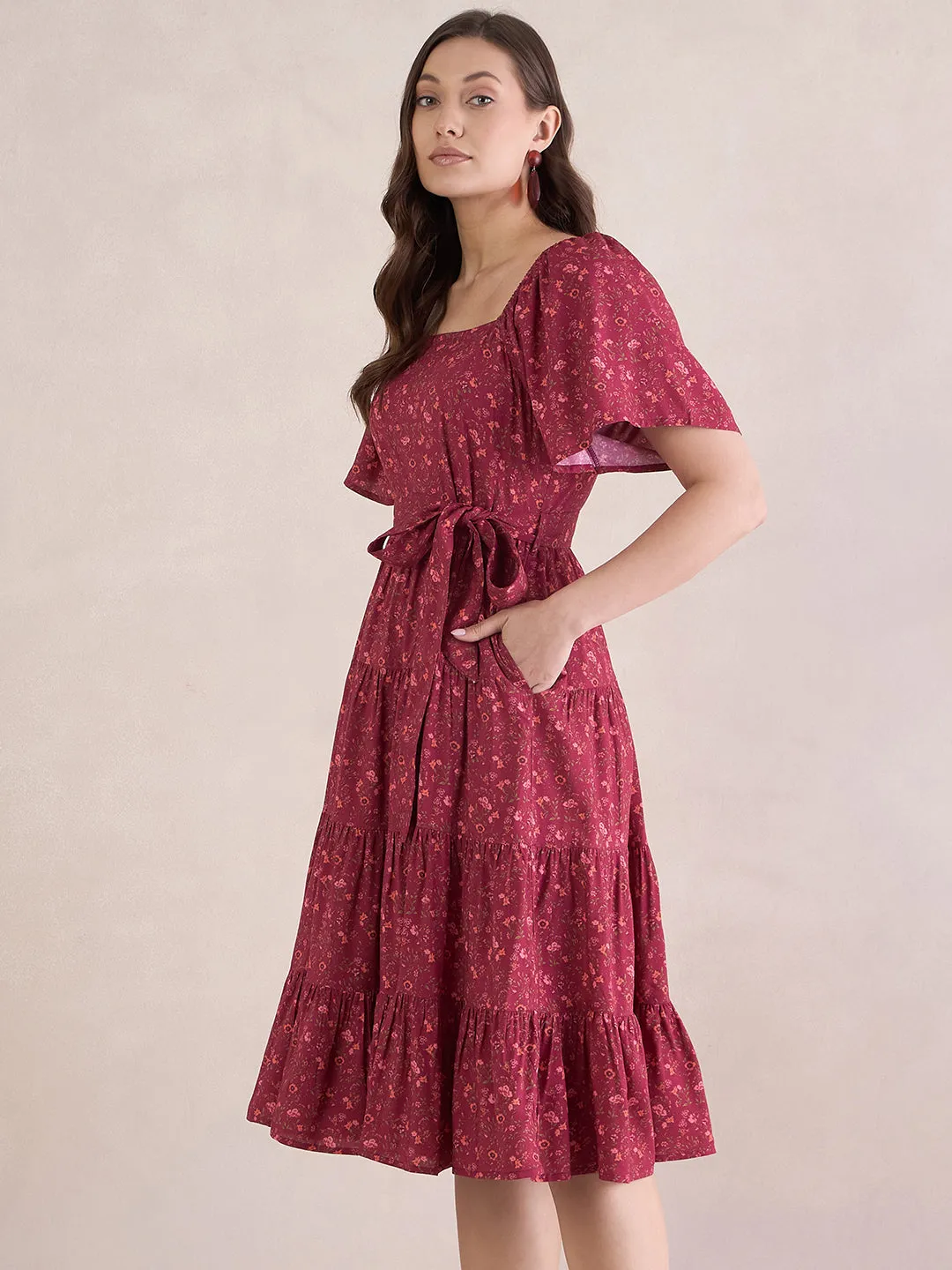 Red Ditsy Floral Tiered Midi Dress