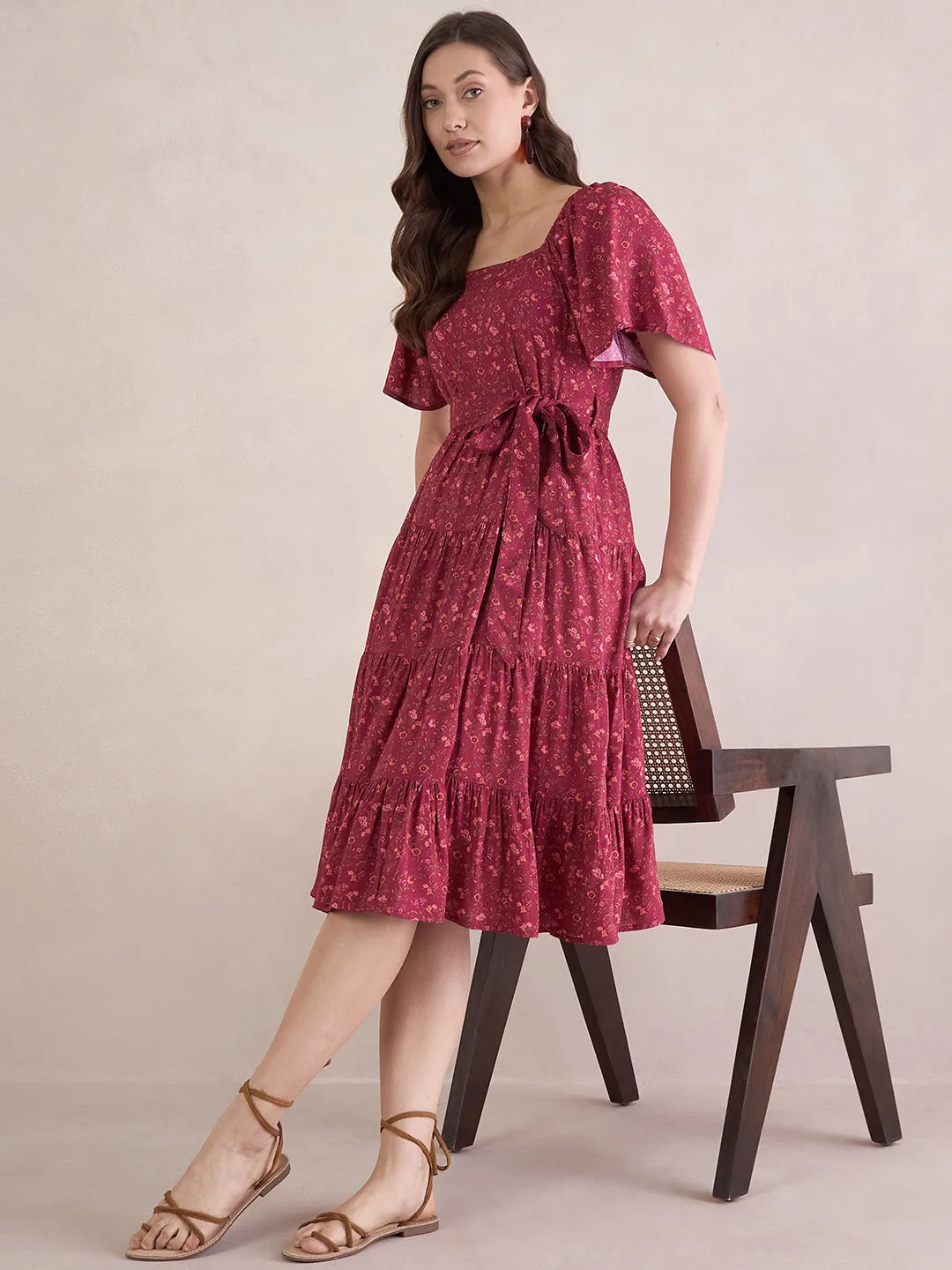 Red Ditsy Floral Tiered Midi Dress