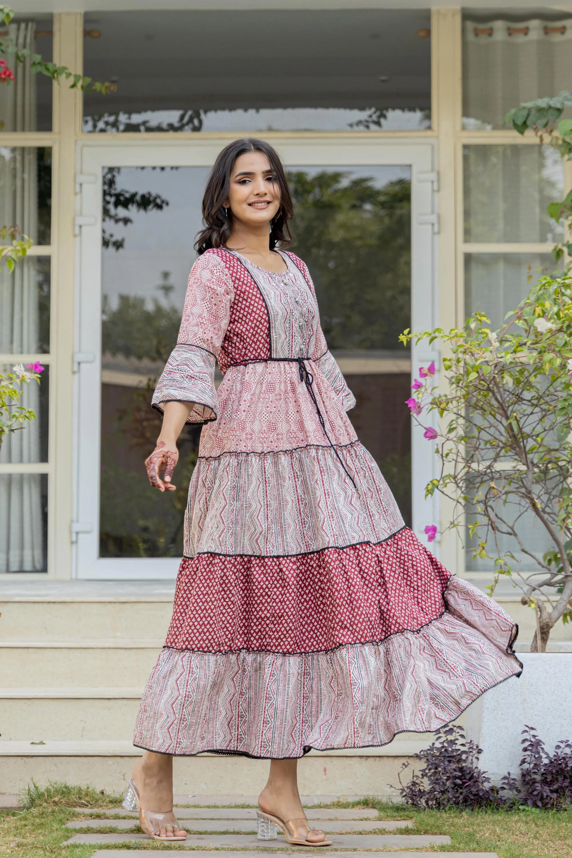 Red Ethnic Motif Printed Cotton Long Dress With Sequins & Doris
