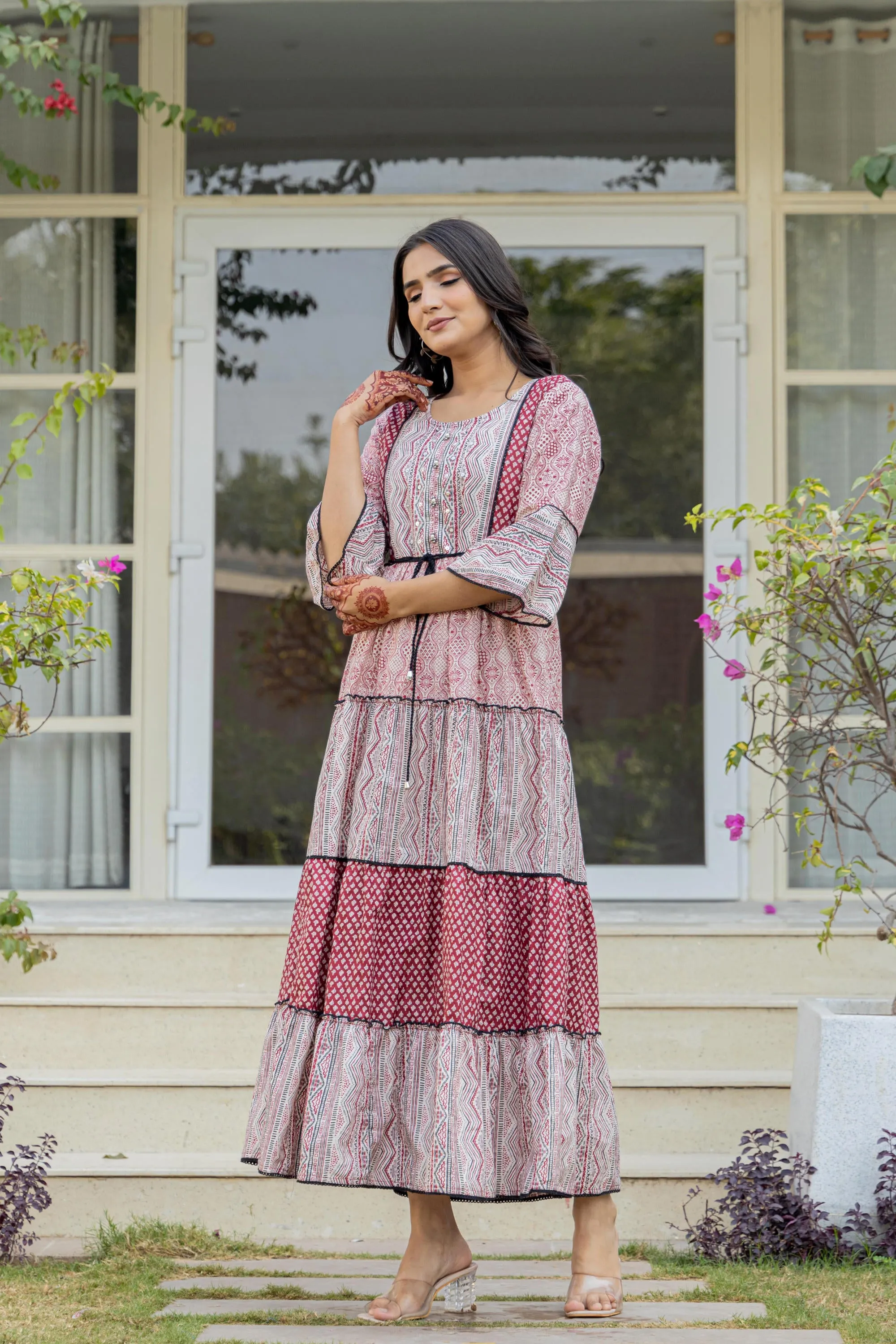Red Ethnic Motif Printed Cotton Long Dress With Sequins & Doris