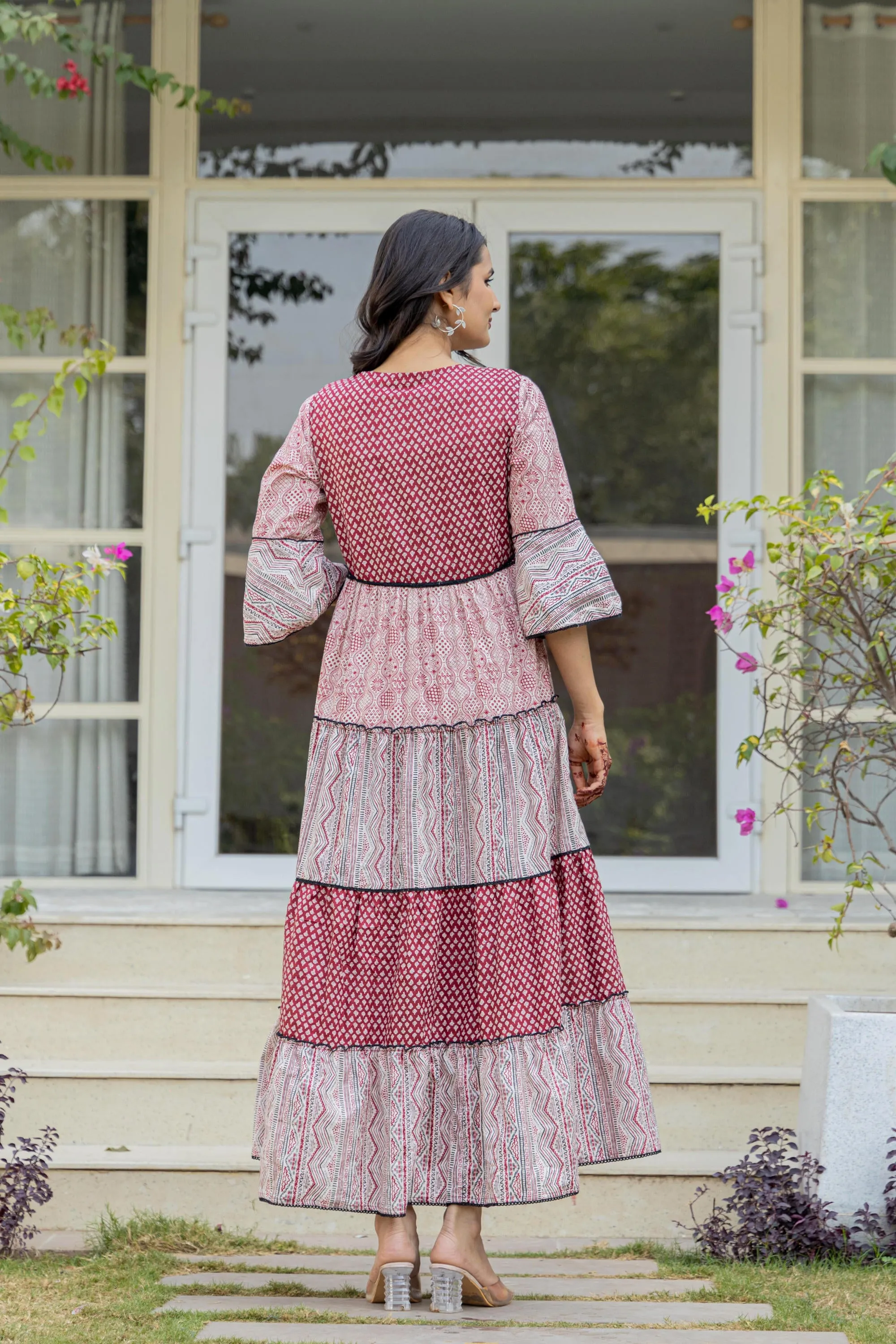 Red Ethnic Motif Printed Cotton Long Dress With Sequins & Doris