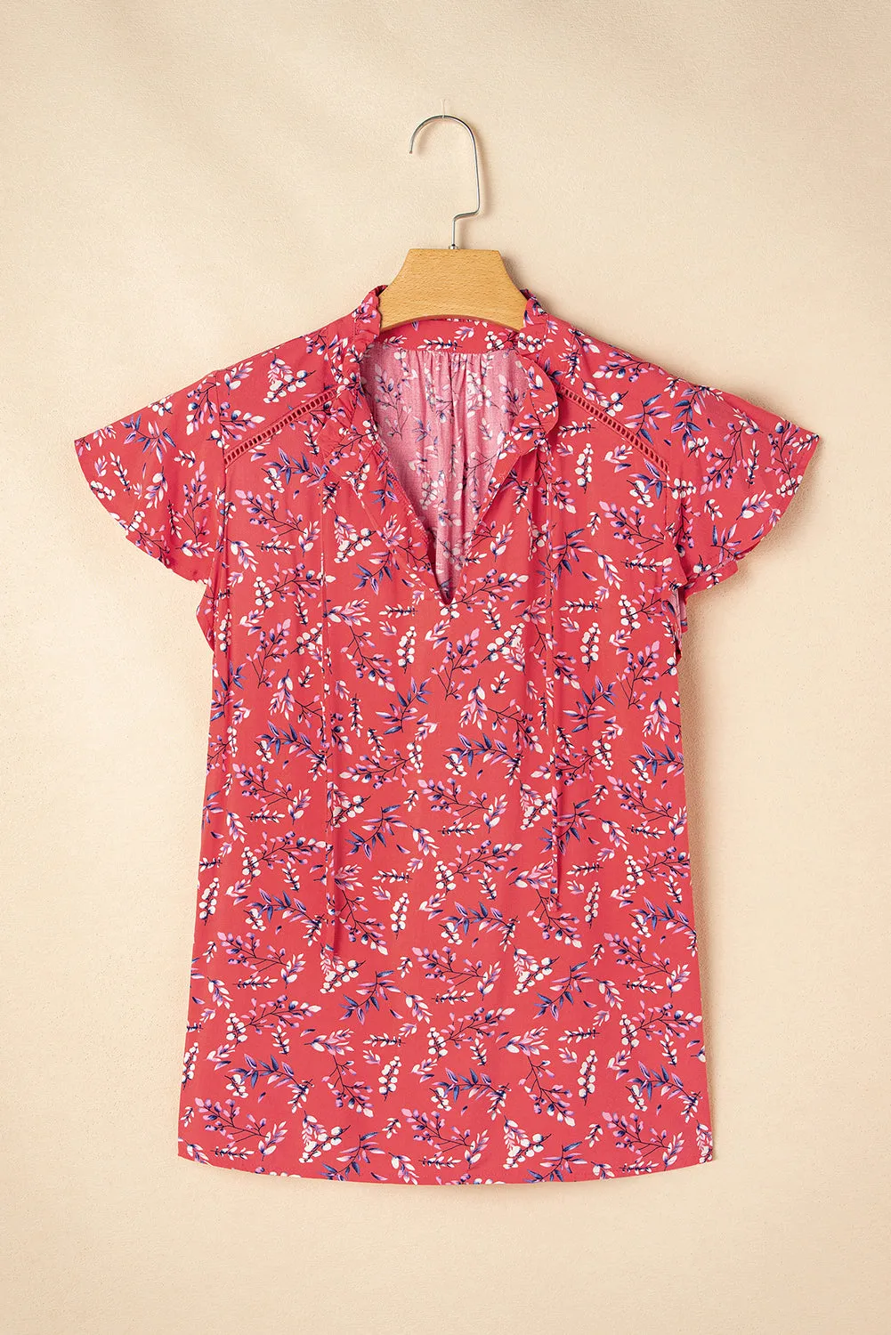 Red Floral Tie Split Neck Short Flounce Sleeve Crinkled Blouse