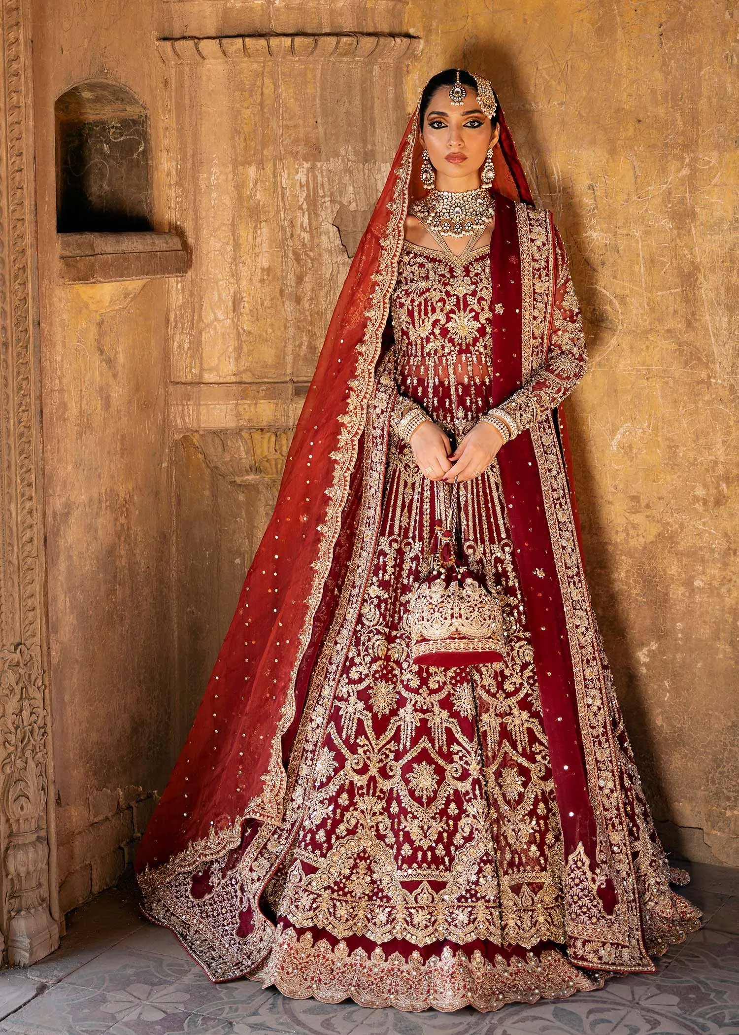 Red Pakistani Bridal Dress in Pishwas Lehenga Style