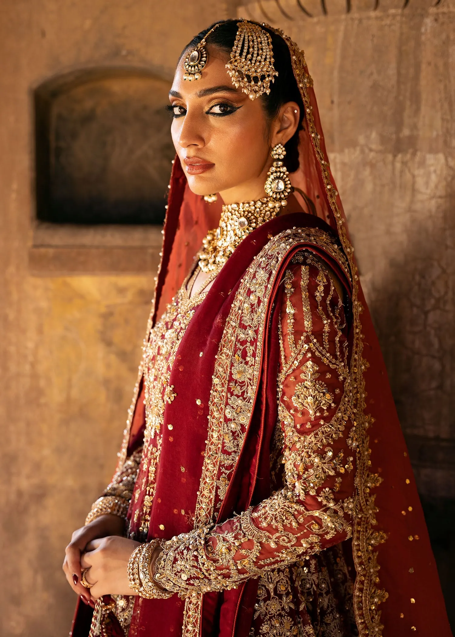 Red Pakistani Bridal Dress in Pishwas Lehenga Style