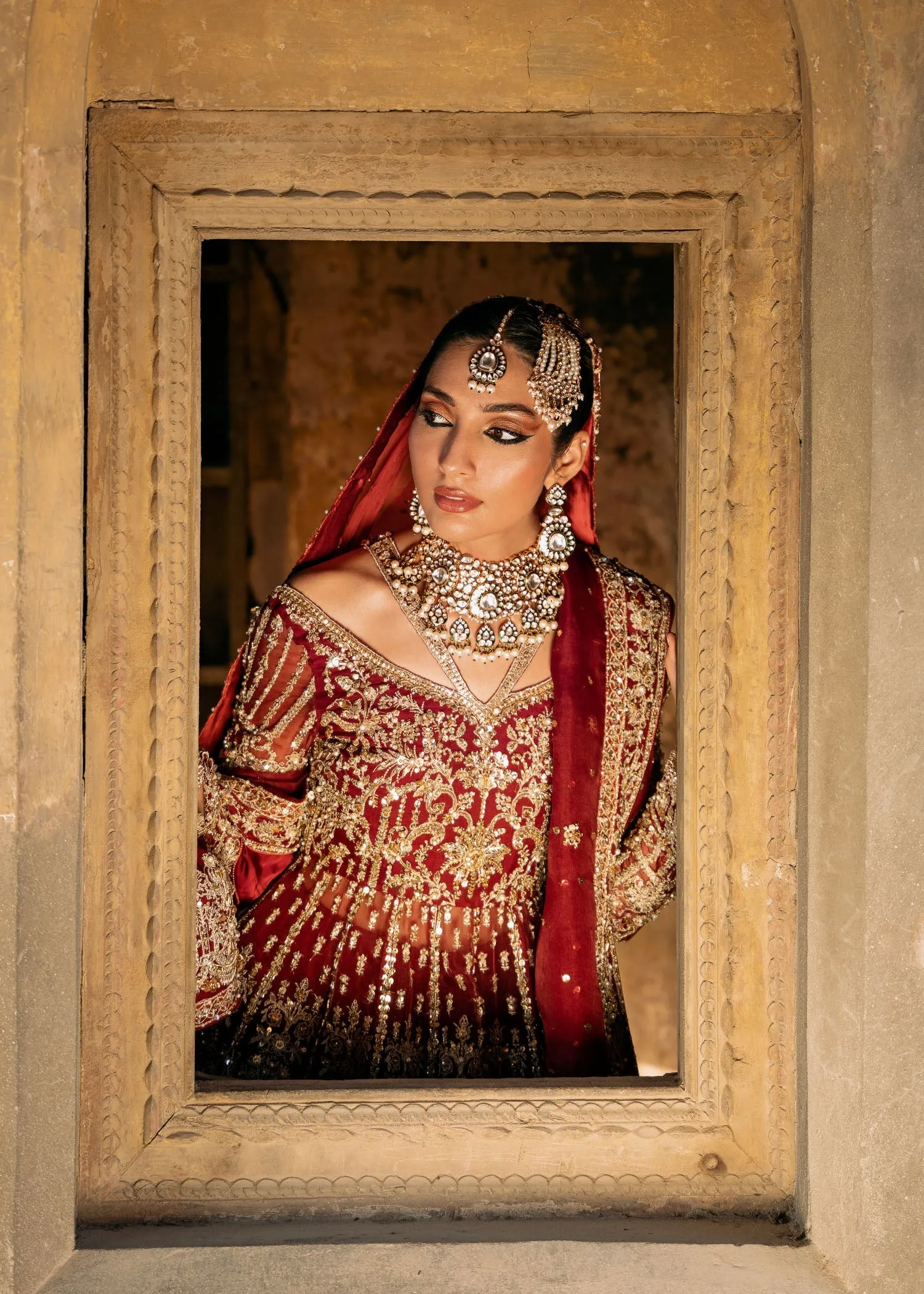 Red Pakistani Bridal Dress in Pishwas Lehenga Style