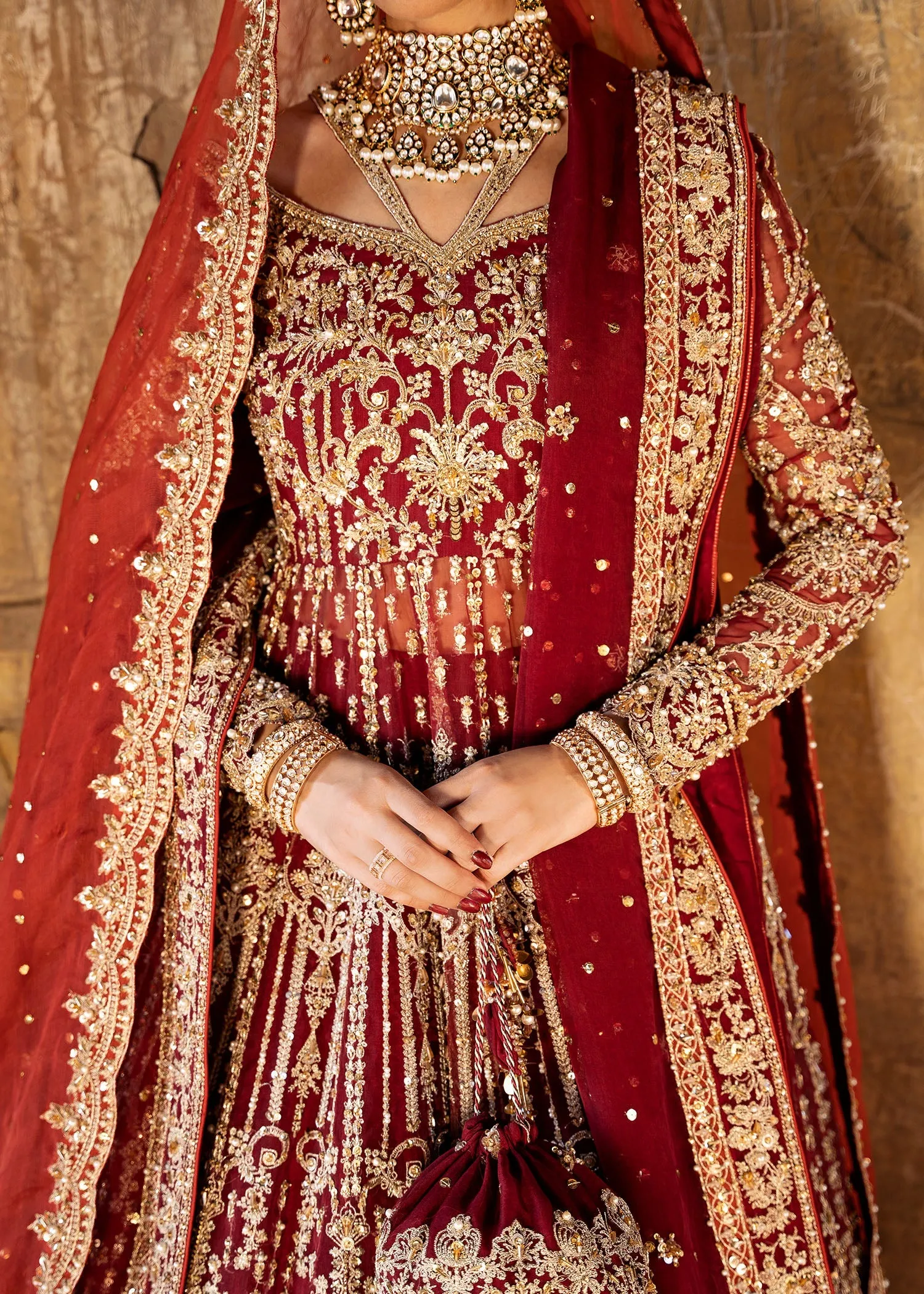 Red Pakistani Bridal Dress in Pishwas Lehenga Style