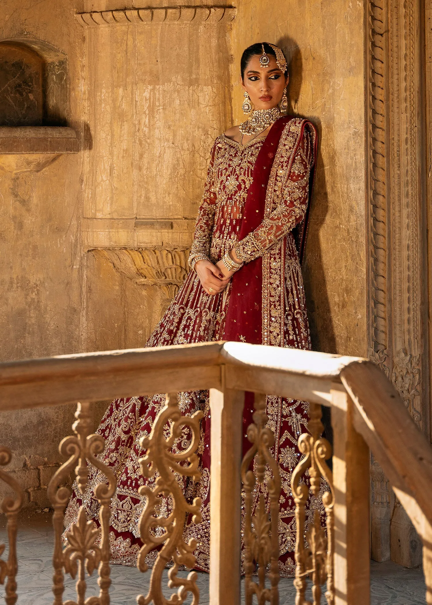 Red Pakistani Bridal Dress in Pishwas Lehenga Style