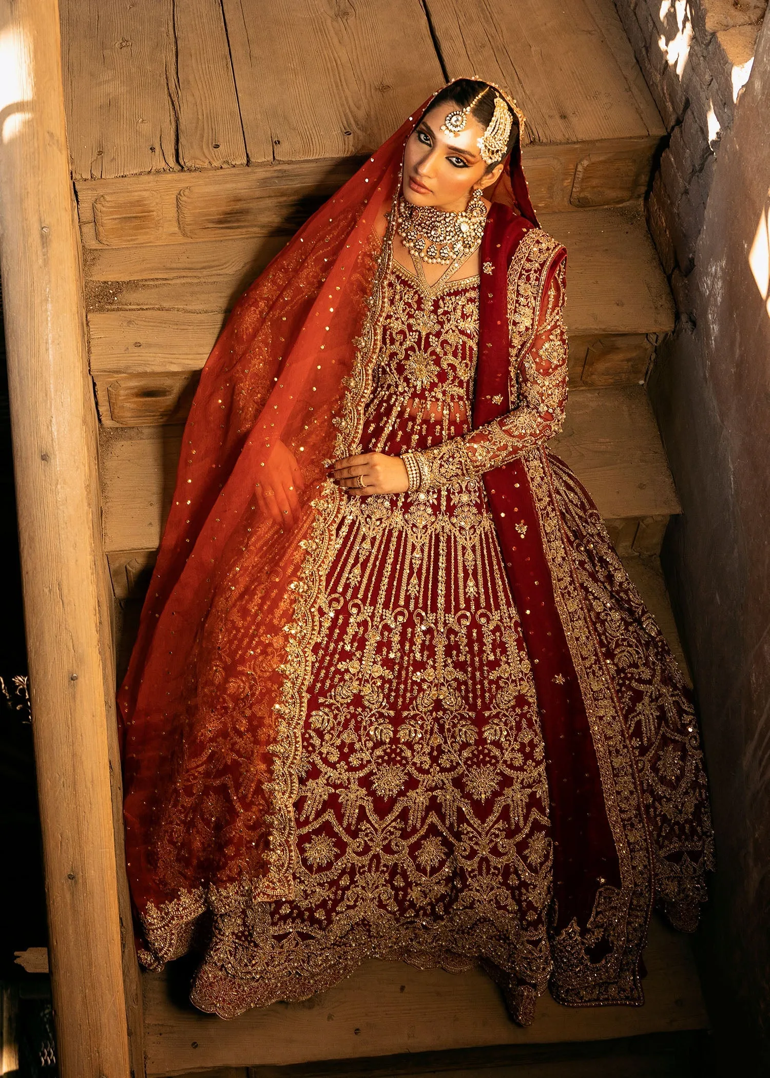 Red Pakistani Bridal Dress in Pishwas Lehenga Style