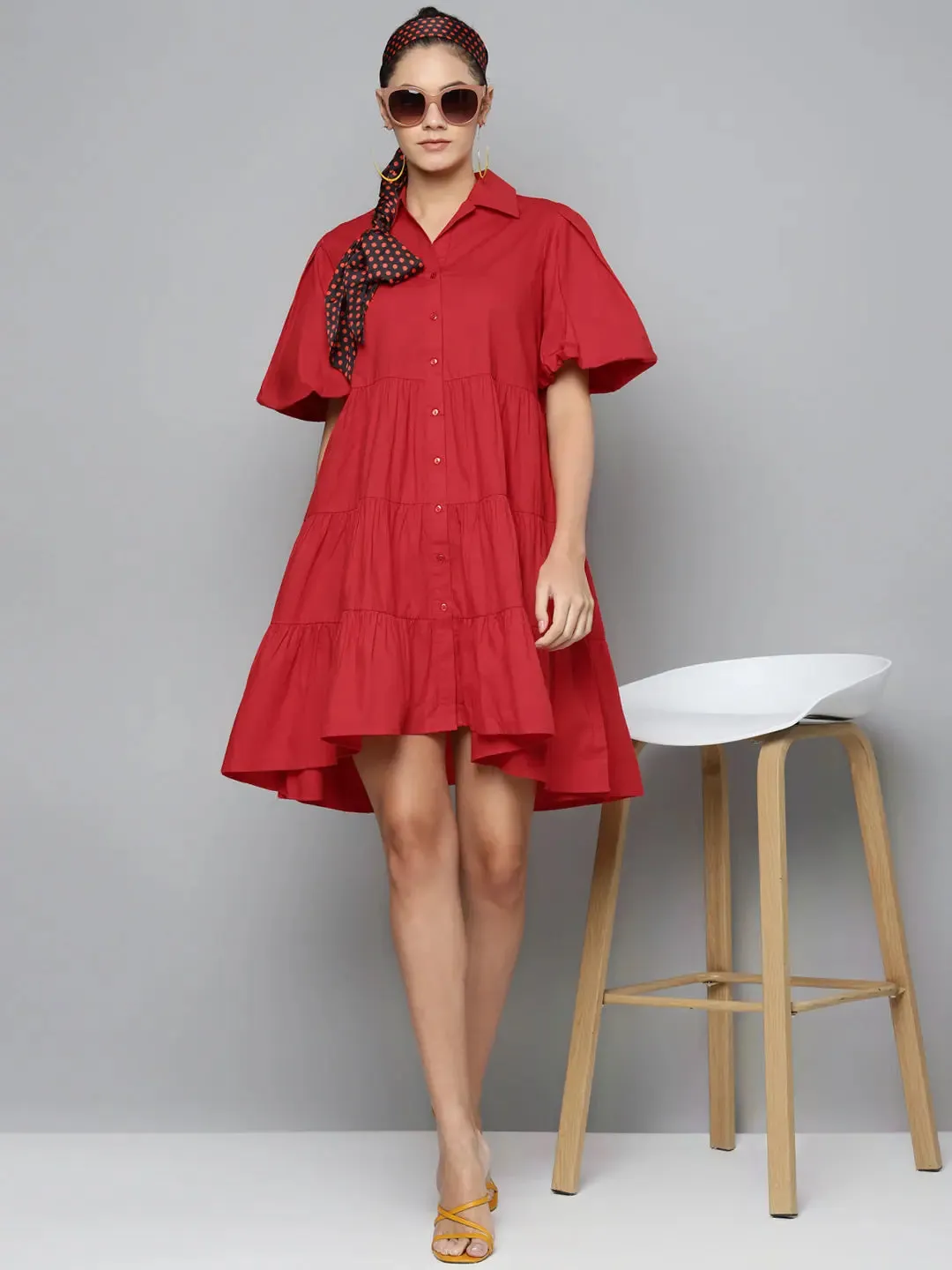 Red Tiered Shirt Dress