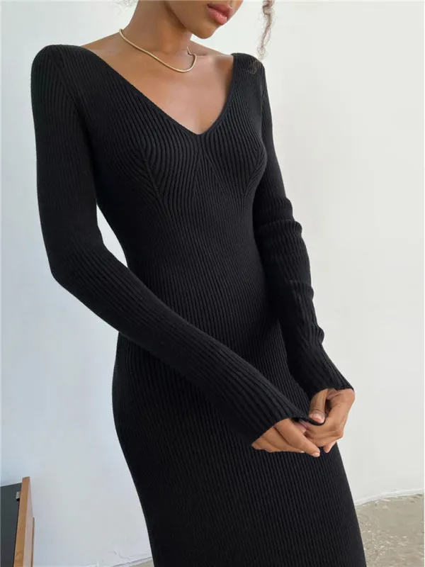 Ribbed Knitted Midi Dress with V-Neck and Long Sleeves