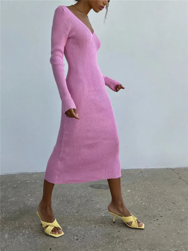 Ribbed Knitted Midi Dress with V-Neck and Long Sleeves