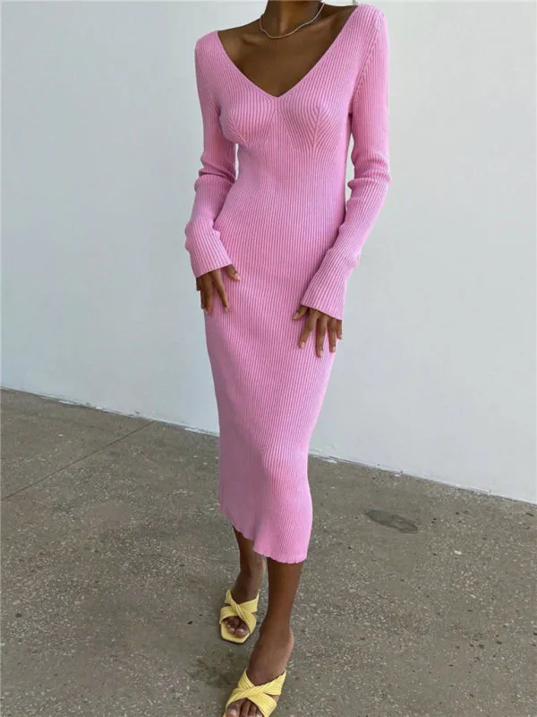Ribbed Knitted Midi Dress with V-Neck and Long Sleeves