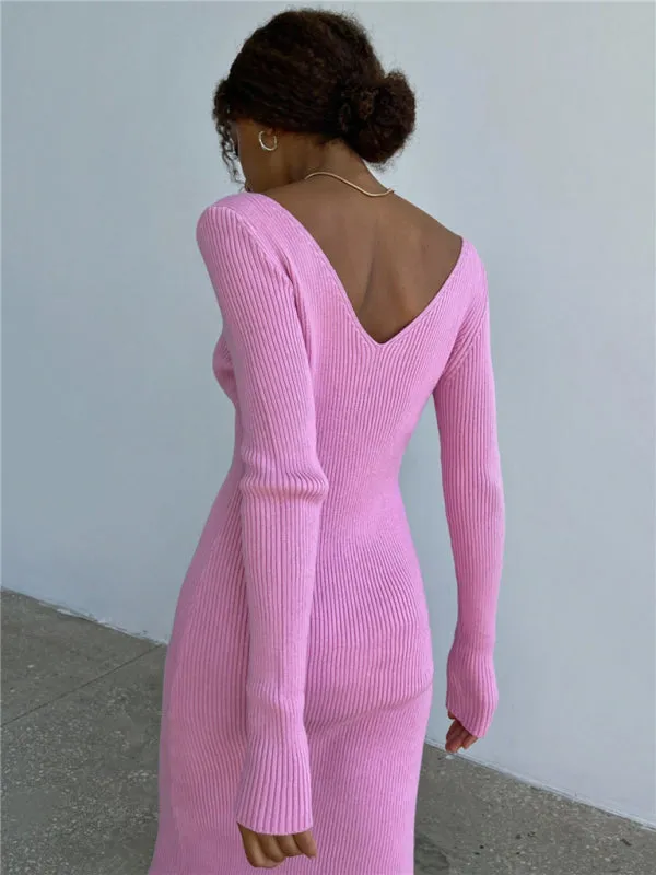 Ribbed Knitted Midi Dress with V-Neck and Long Sleeves