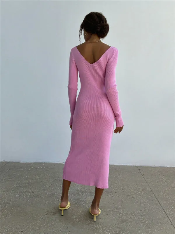 Ribbed Knitted Midi Dress with V-Neck and Long Sleeves
