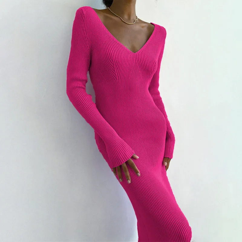 Ribbed Knitted Midi Dress with V-Neck and Long Sleeves