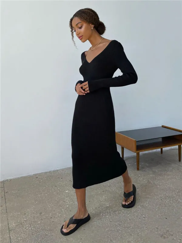 Ribbed Knitted Midi Dress with V-Neck and Long Sleeves