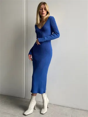 Ribbed Knitted Midi Dress with V-Neck and Long Sleeves