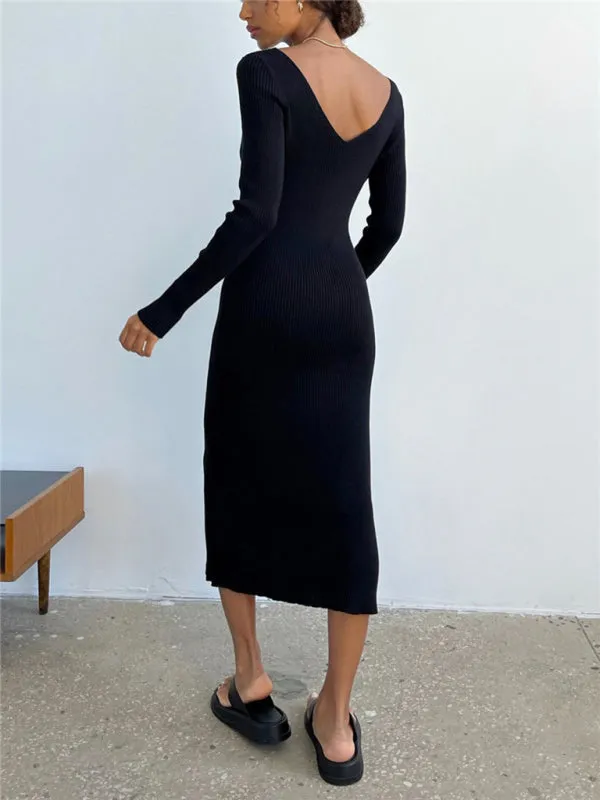 Ribbed Knitted Midi Dress with V-Neck and Long Sleeves