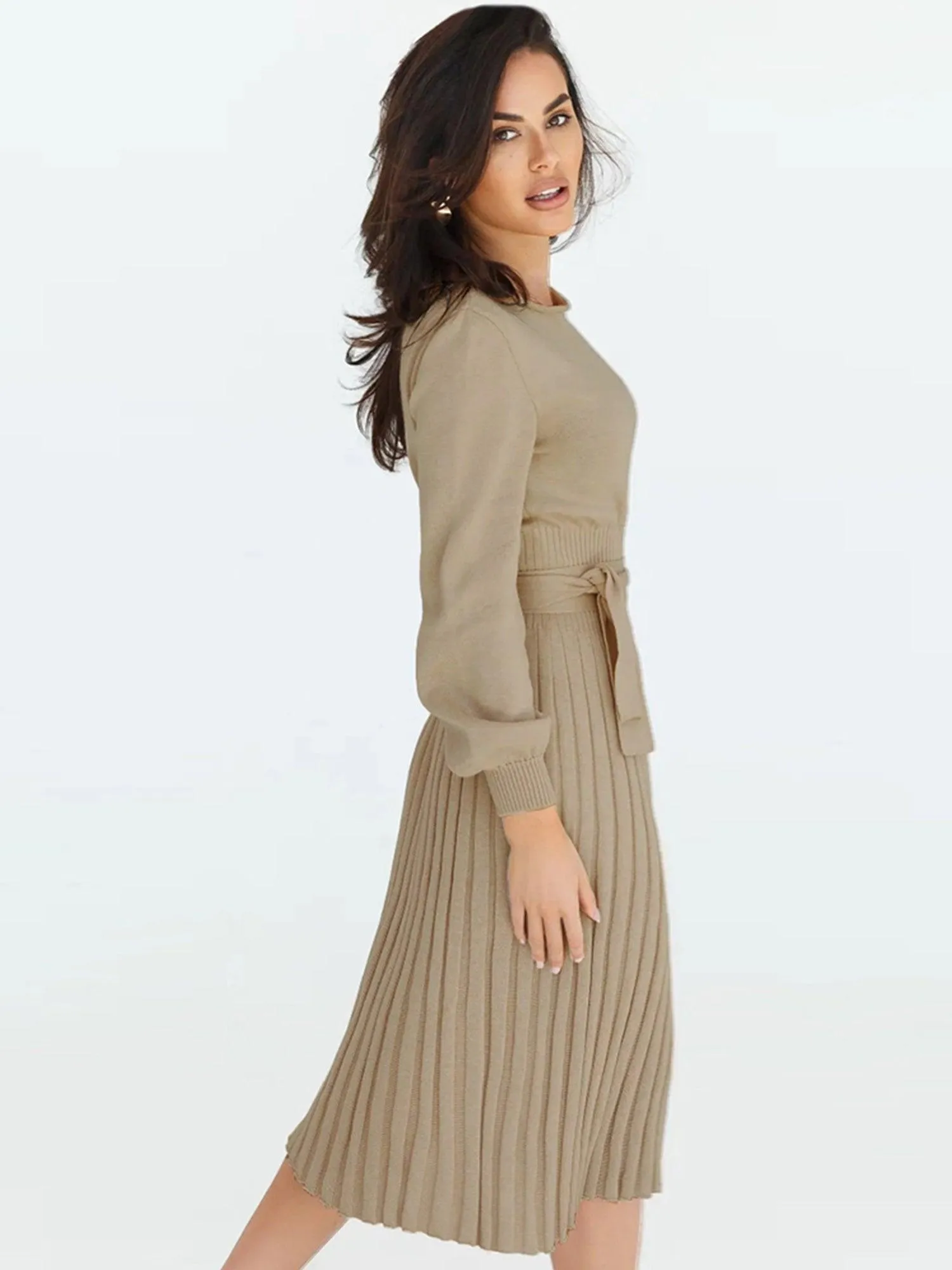 Robe Pull Femme d'hiver Élégante Col Rond Ceinture Manches Longues Casual Chic