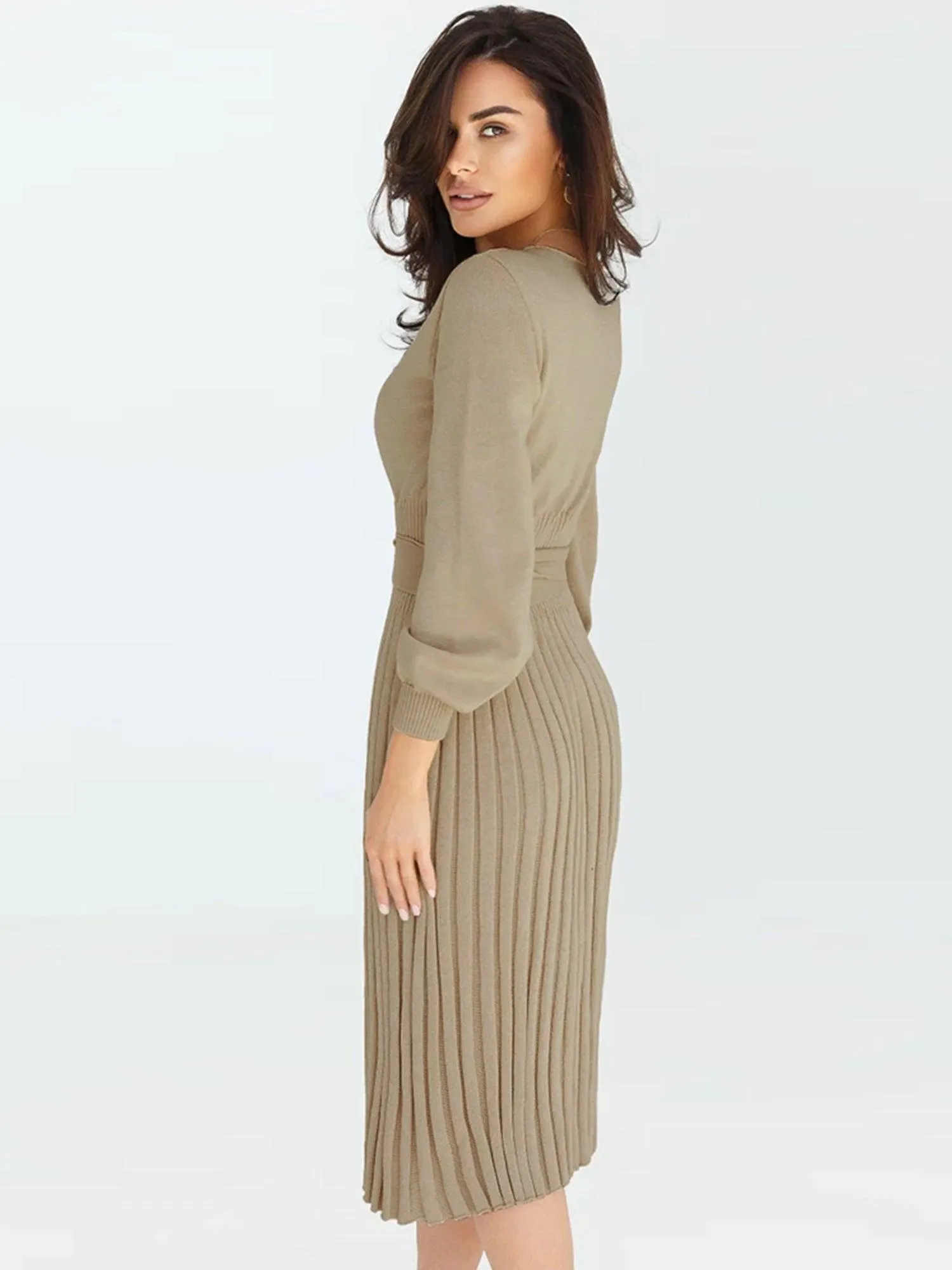Robe Pull Femme d'hiver Élégante Col Rond Ceinture Manches Longues Casual Chic