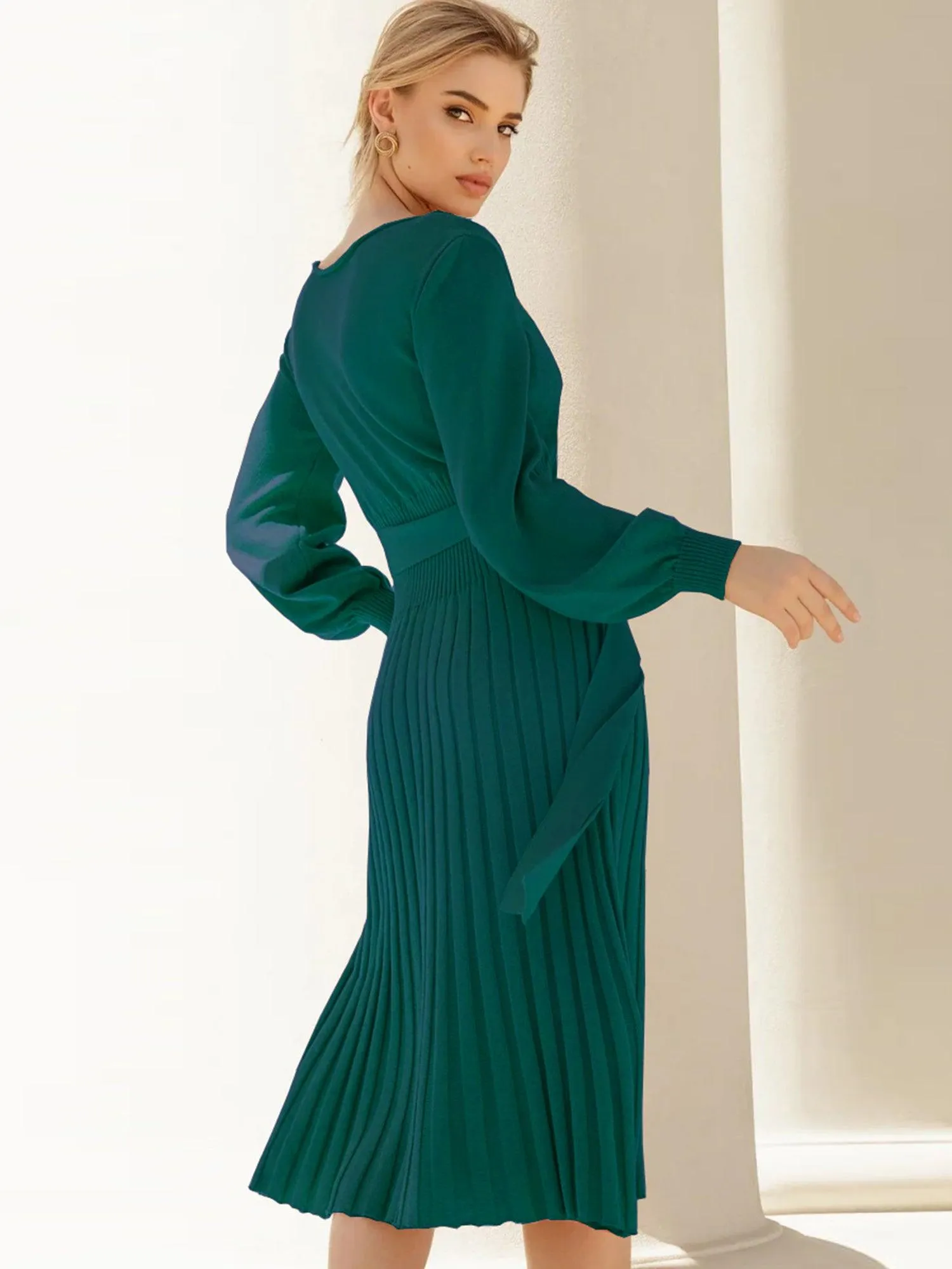 Robe Pull Femme d'hiver Élégante Col Rond Ceinture Manches Longues Casual Chic