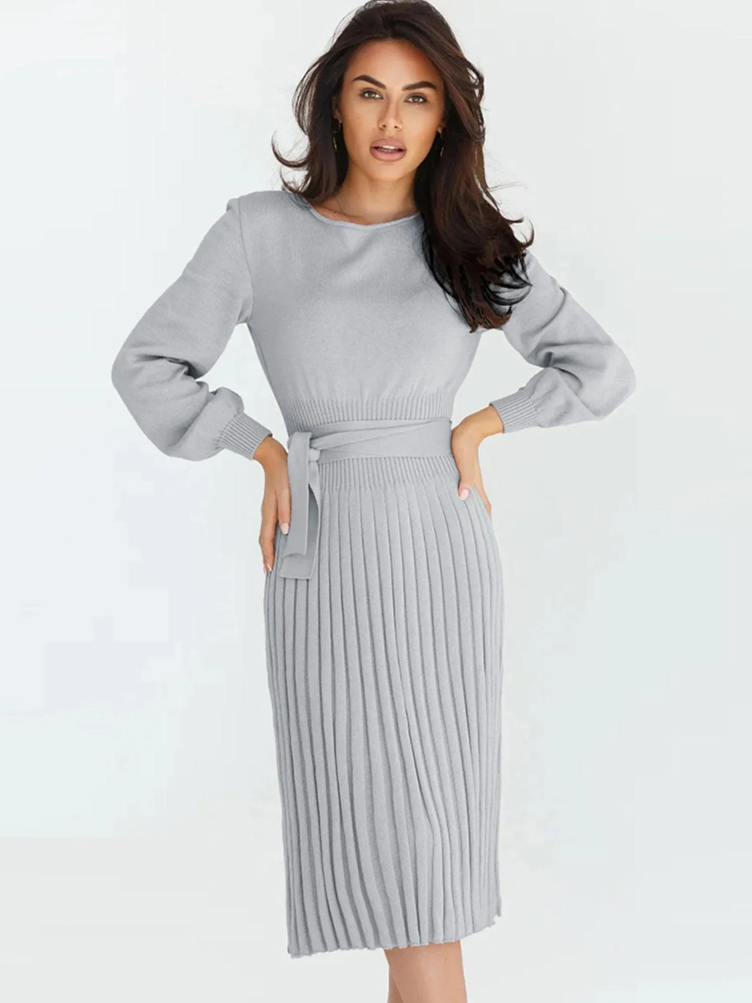 Robe Pull Femme d'hiver Élégante Col Rond Ceinture Manches Longues Casual Chic