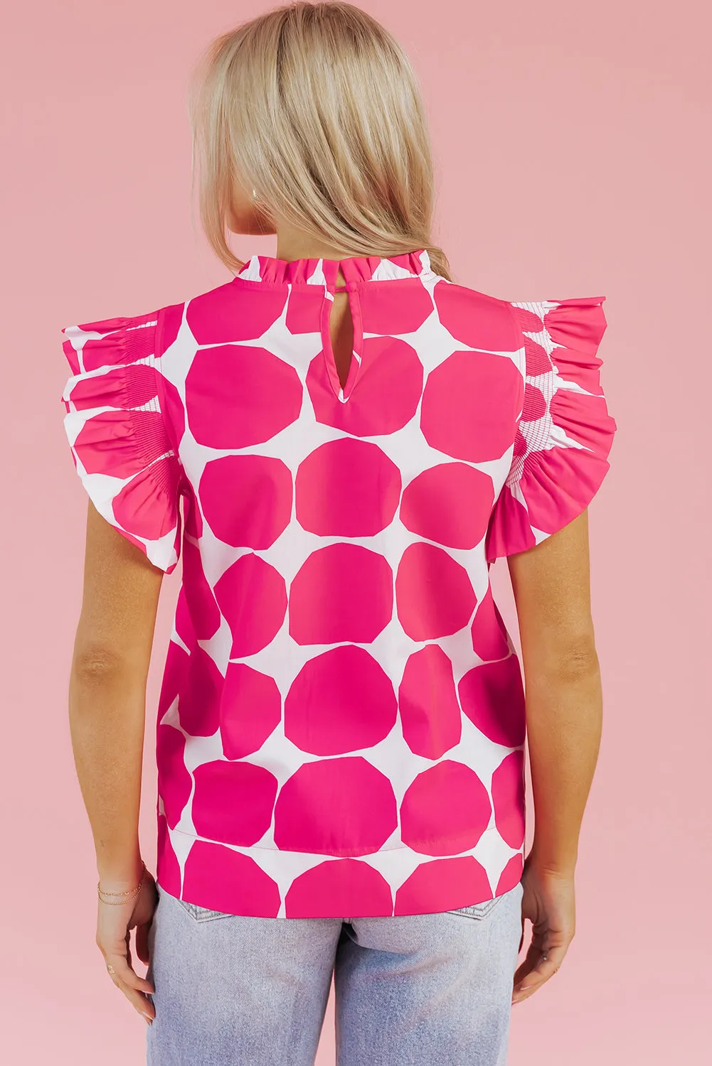 Rose Bubblegum Pattern Frilled Collar Flutter Sleeve Top